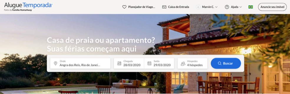 Tela inicial com a plataforma de busca para imóveis do site Alugue Temporada — Foto: Reprodução/Marvin Costa