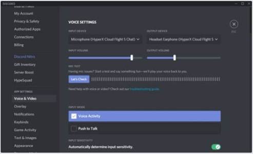 HyperX. Tela de configuração do Discord