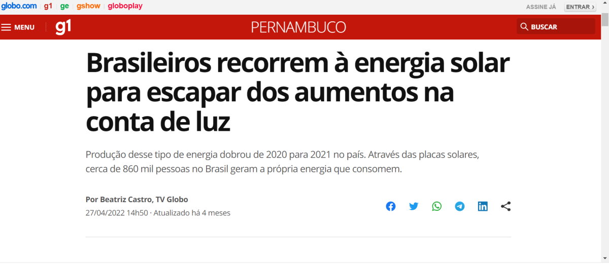 Matéria da Globo sobre energia solar